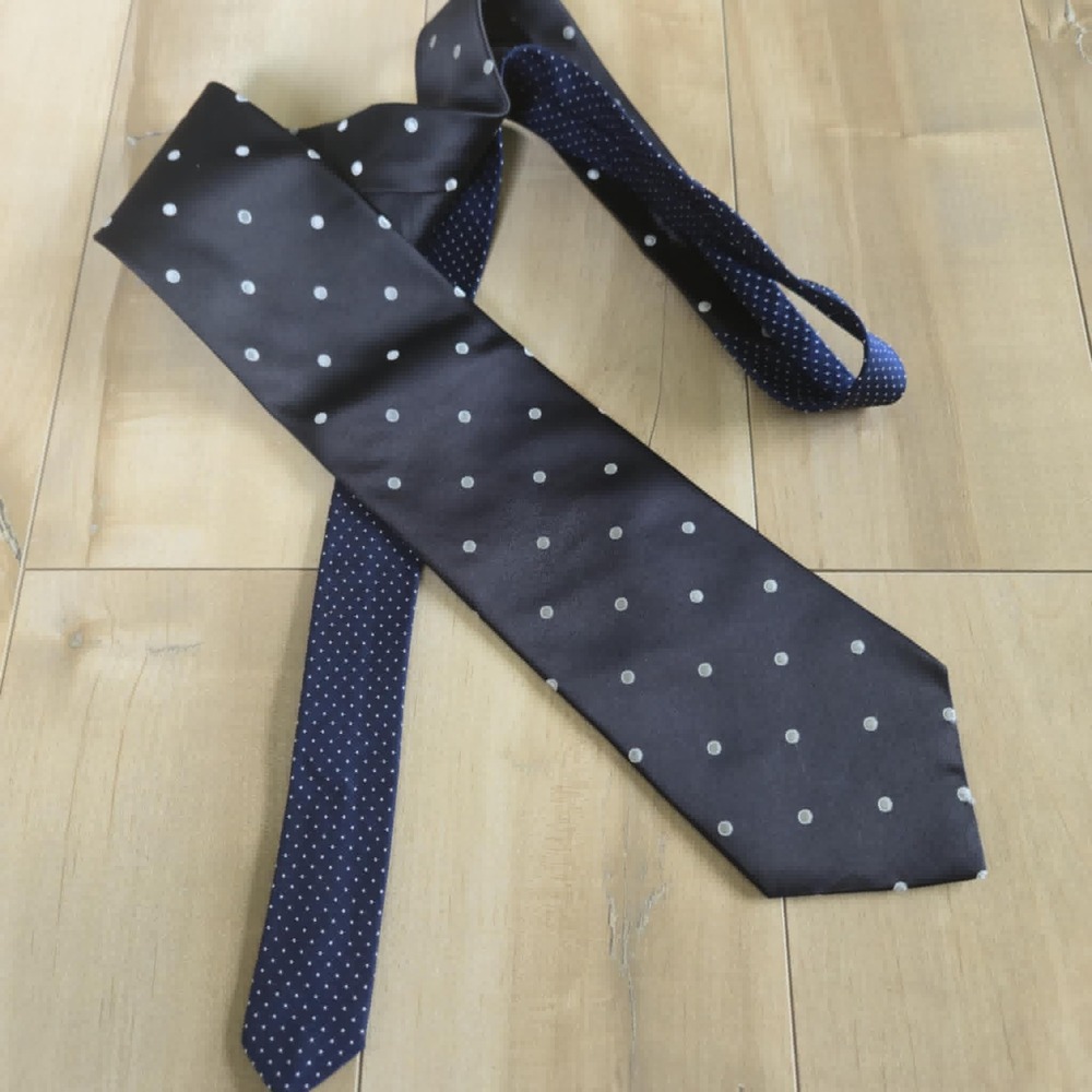 Vintage Tommy Hilfiger Silk Necktie | Navy Gray Polka Dot Mens Formal Neckwear